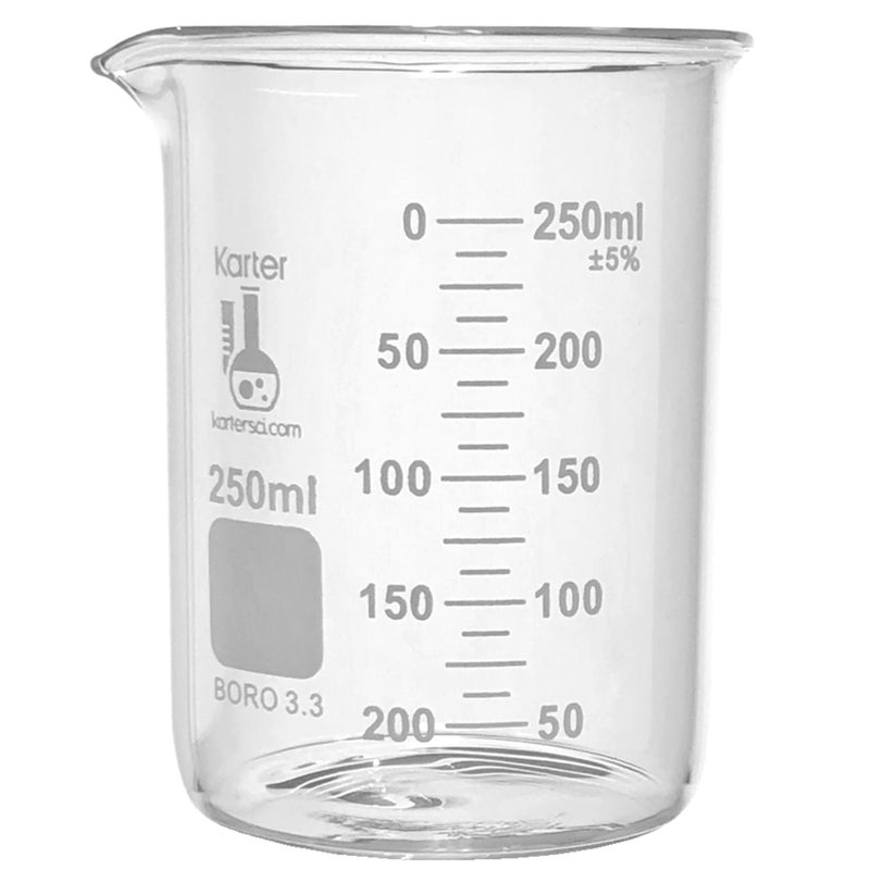 Karter Scientific 250ml Beaker, Low Form Griffin, Borosilicate 3.3 Glass, Double Scale, Graduated, Karter Scientific 213D25 (Pack of 12) - Image 3